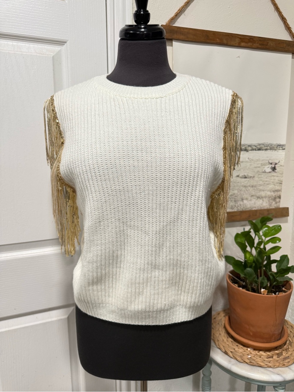 Le Lis White Sweater with Gold Fringe Shoulders